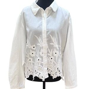 Joie White Embroidered Blouse with Dress Shirt Collar Size Large NWT